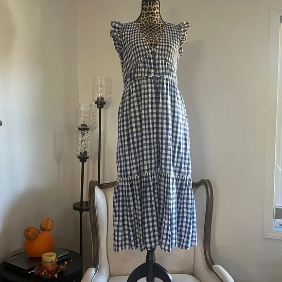 Anthropologie Blue and White Gingham Midi Dress - Picture 10 of 13